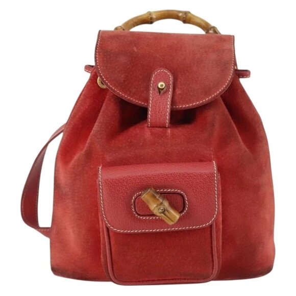 GUCCI Bamboo Backpack Suede Red Gold Auth - Picture 2 of 16